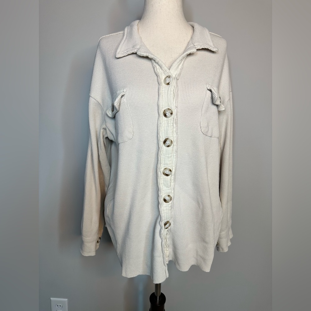 Sz L No Brand cream neutral button down gauze waffle knit light layer